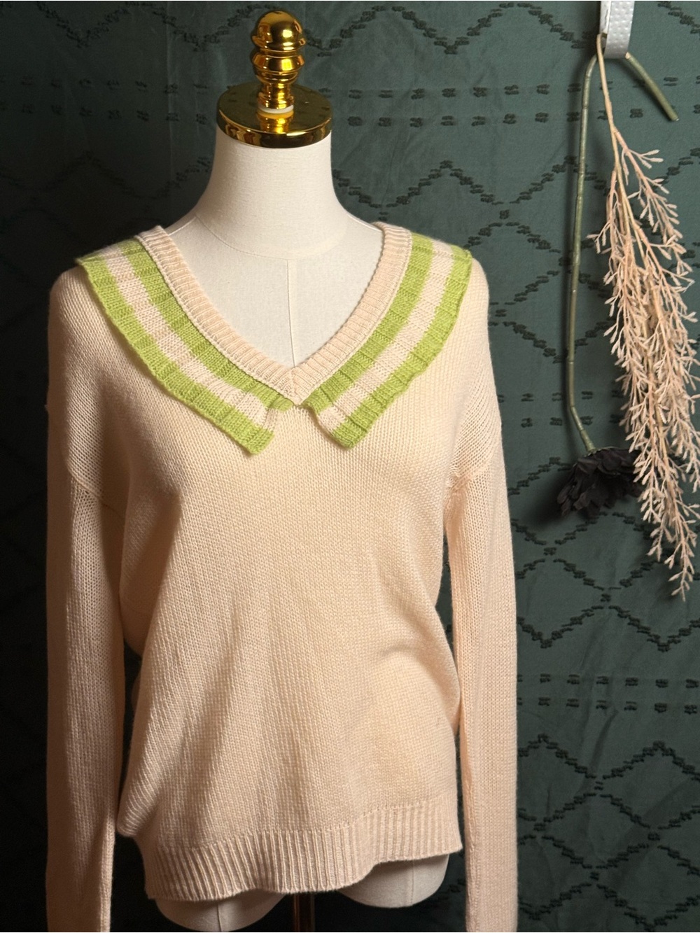 Prada Cream V‑Neck Sweater with Lime Green Striped Collar